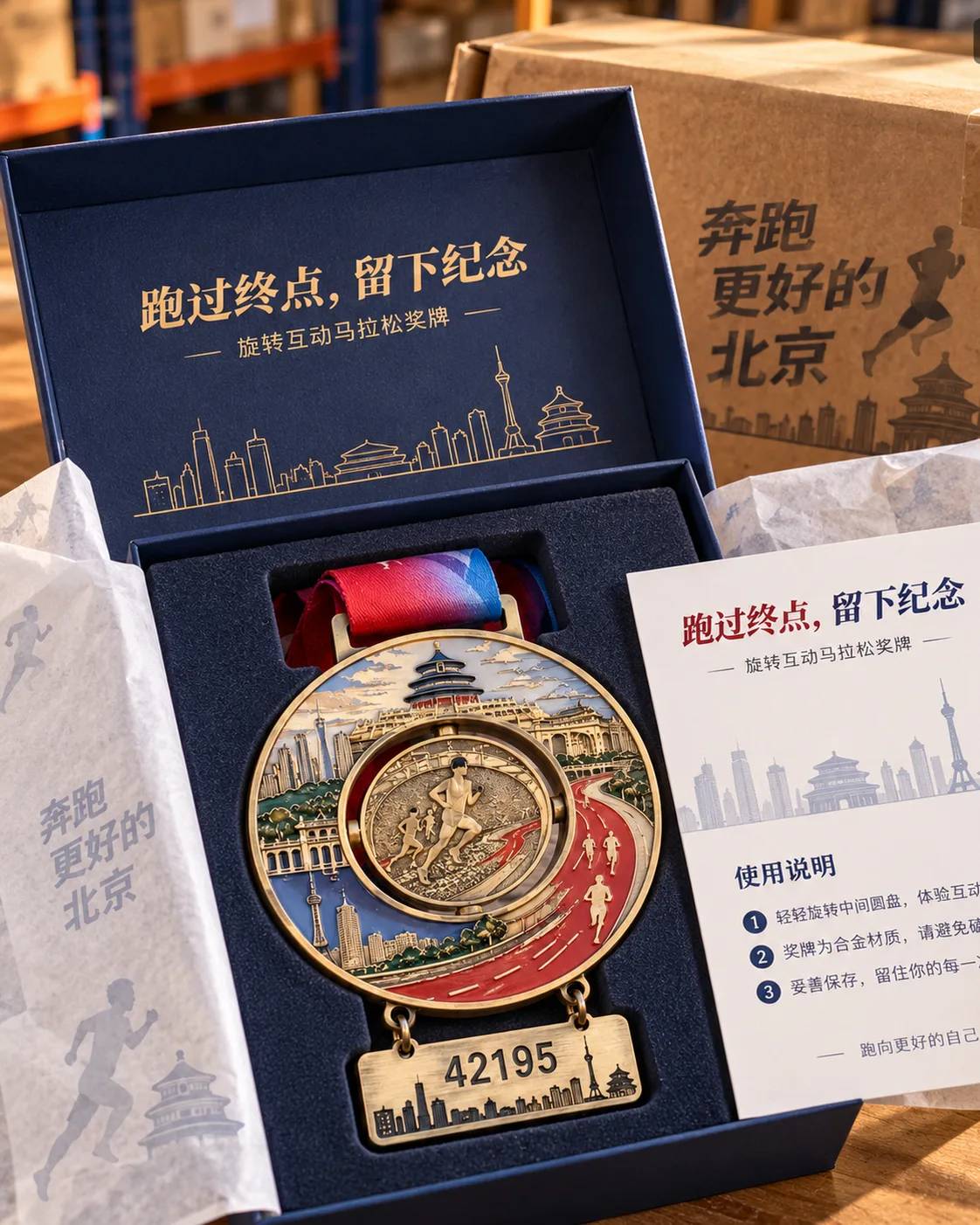 城市马拉松旋转互动奖牌定制案例|旋转圆片与号码牌结构包装打开