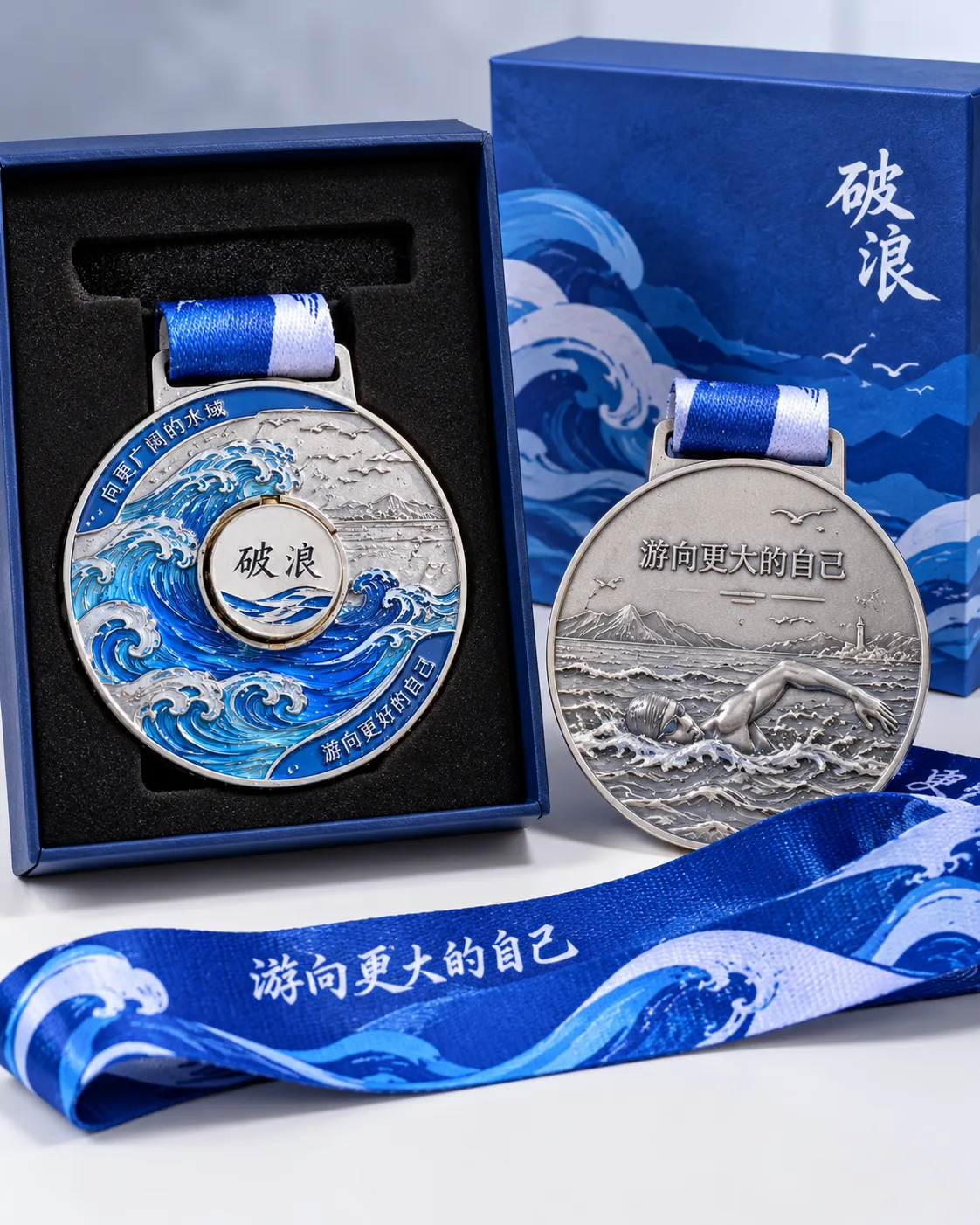 公开水域游泳奖牌定制案例|双面翻转结构包装打开