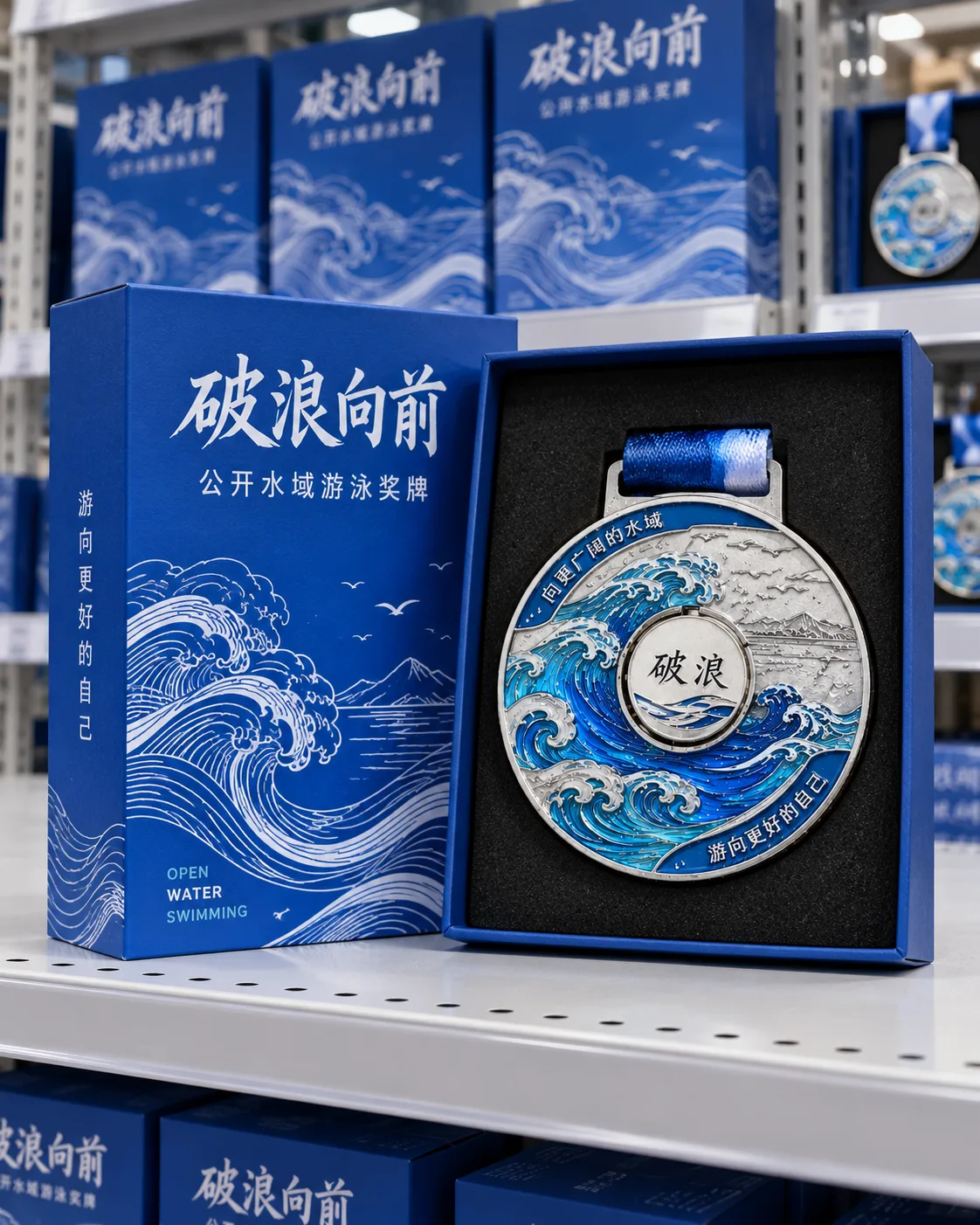 公开水域游泳奖牌定制案例|双面翻转结构包装外观