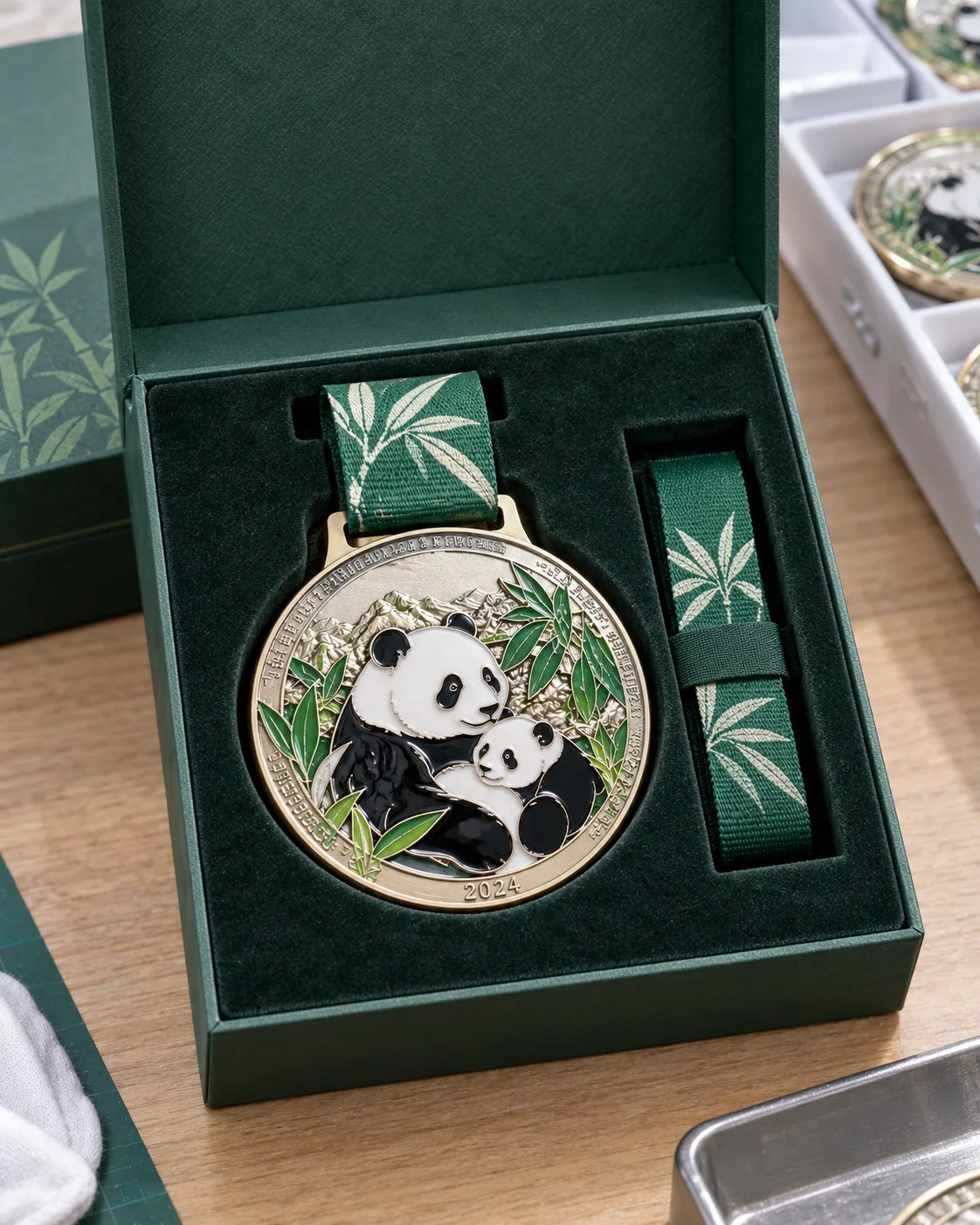 大熊猫保护主题纪念章定制案例|软珐琅与独立编号包装打开