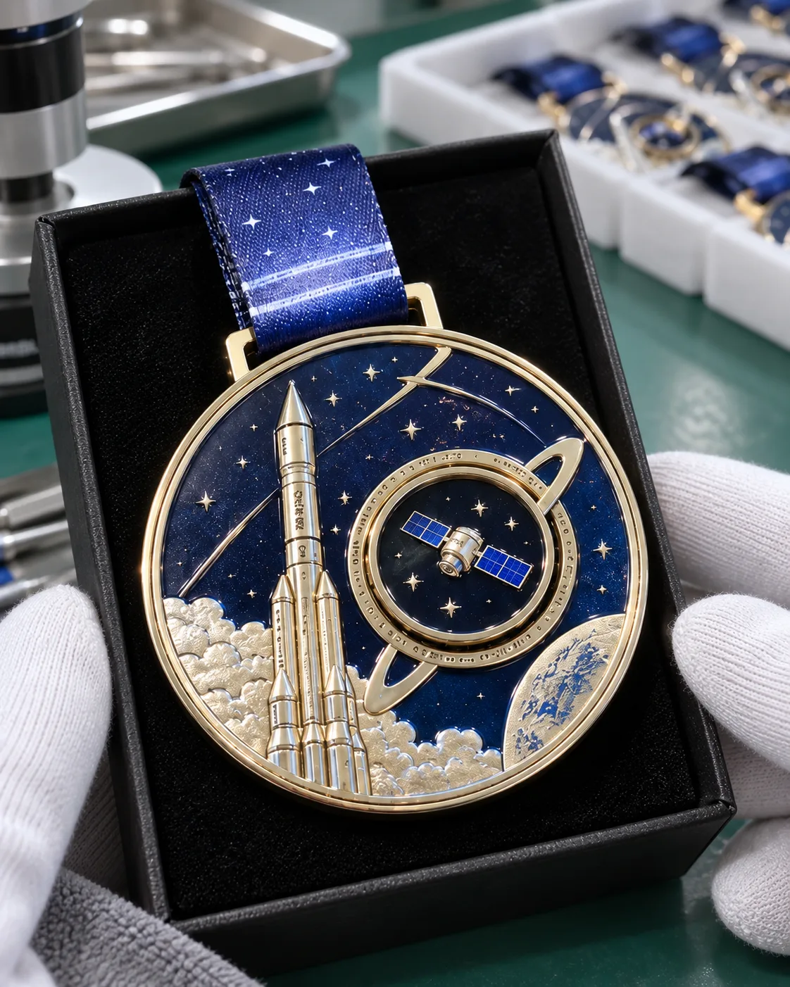 航天主题旋转纪念章定制案例|卫星转片与星空礼盒工艺细节