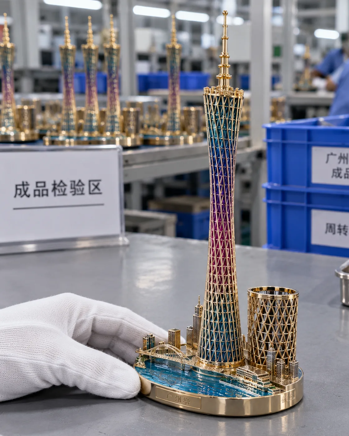 广州地标金属摆件定制案例|塔体笔筒与配重底座结构装配