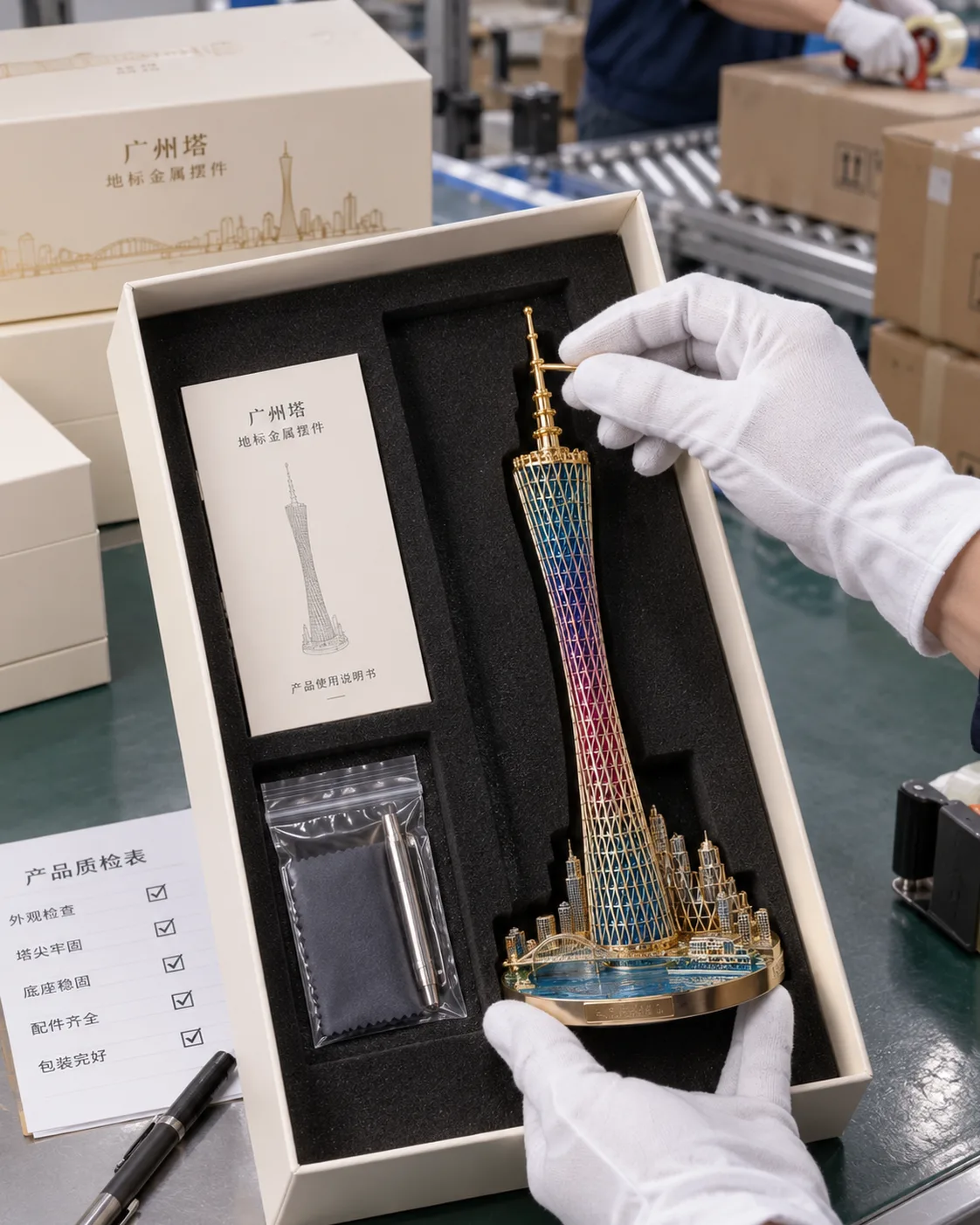 广州地标金属摆件定制案例|塔体笔筒与配重底座批量与发运