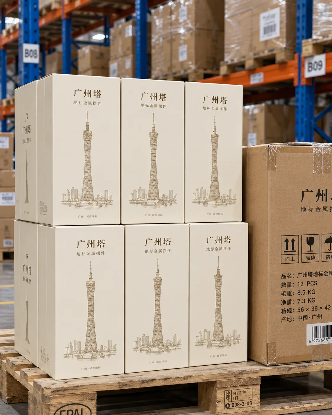 广州地标金属摆件定制案例|塔体笔筒与配重底座包装外观