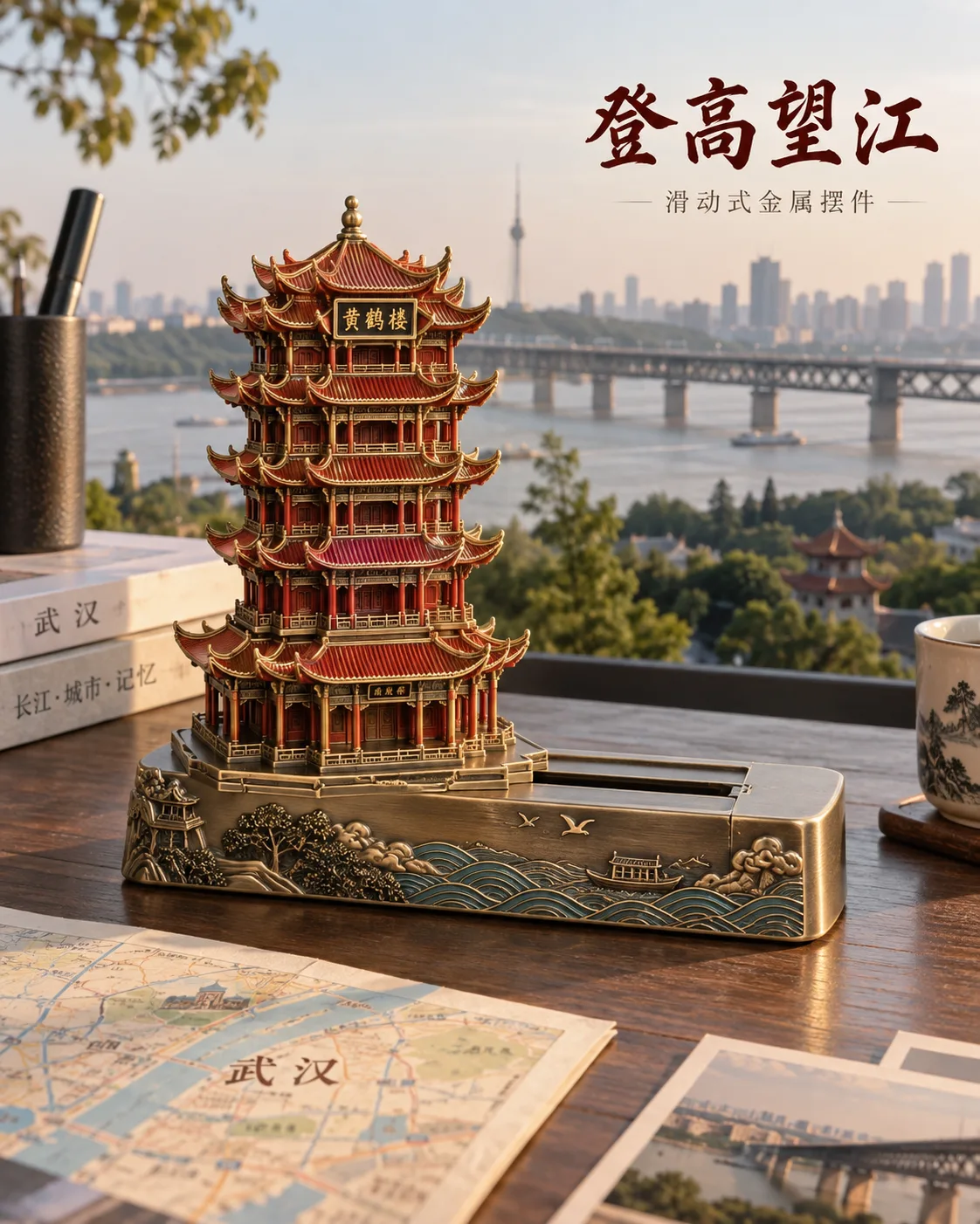 武汉黄鹤楼金属摆件定制案例｜隐藏滑轨与名片槽
