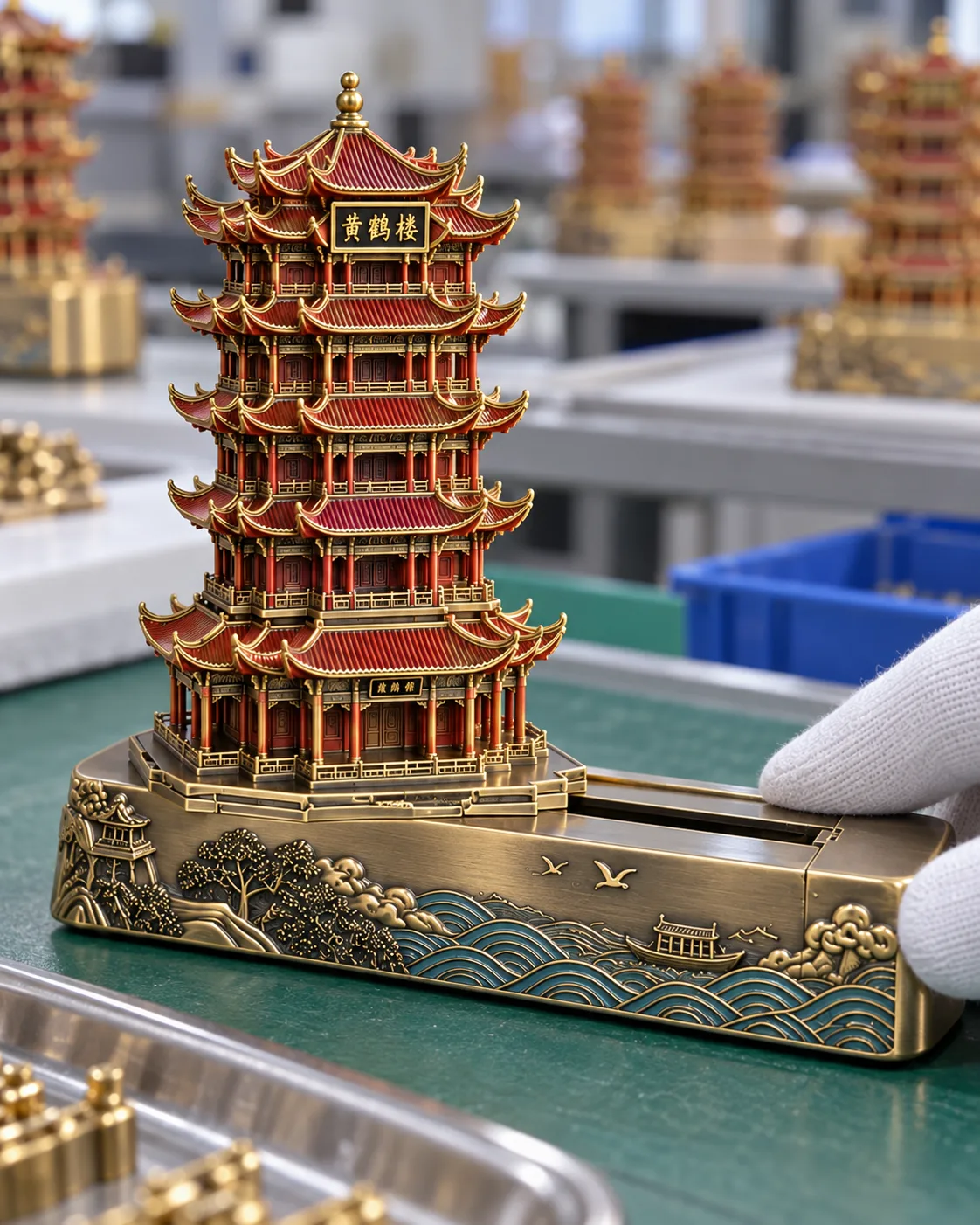 武汉黄鹤楼金属摆件定制案例|隐藏滑轨与名片槽工艺细节