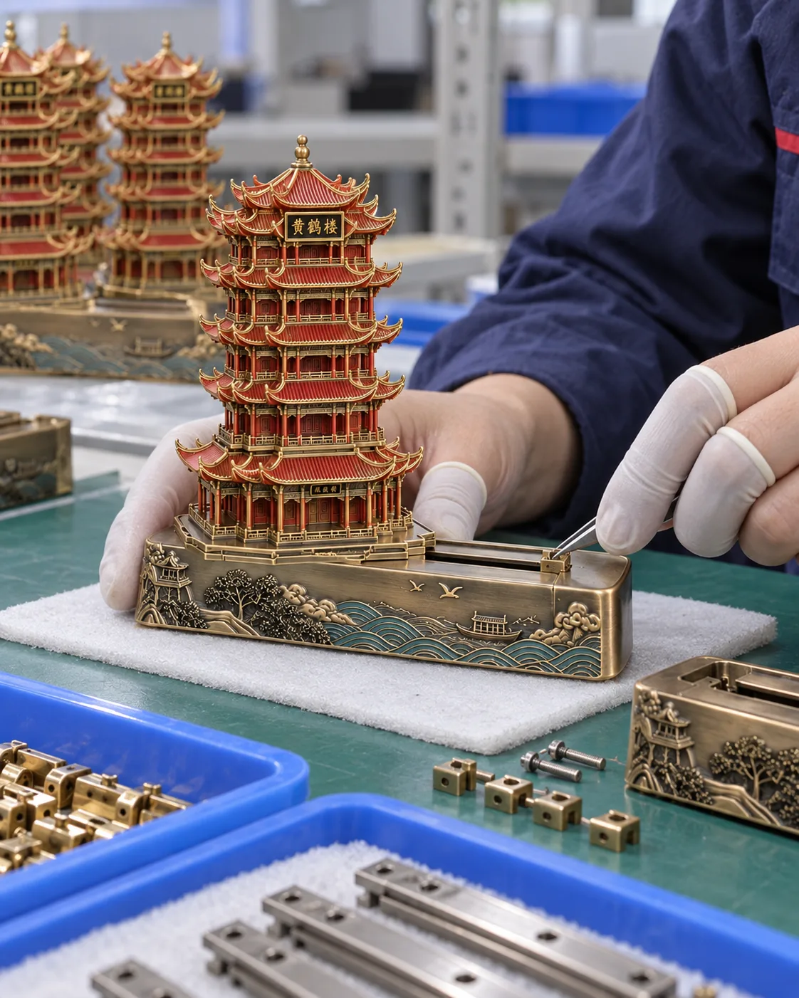 武汉黄鹤楼金属摆件定制案例|隐藏滑轨与名片槽结构装配