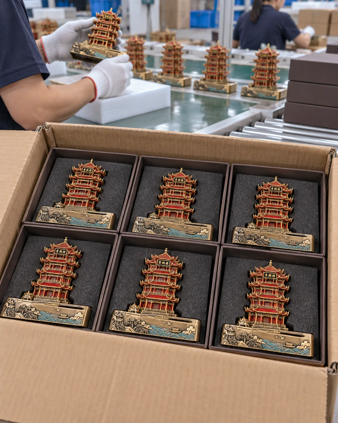 武汉黄鹤楼金属摆件定制案例|隐藏滑轨与名片槽批量与发运