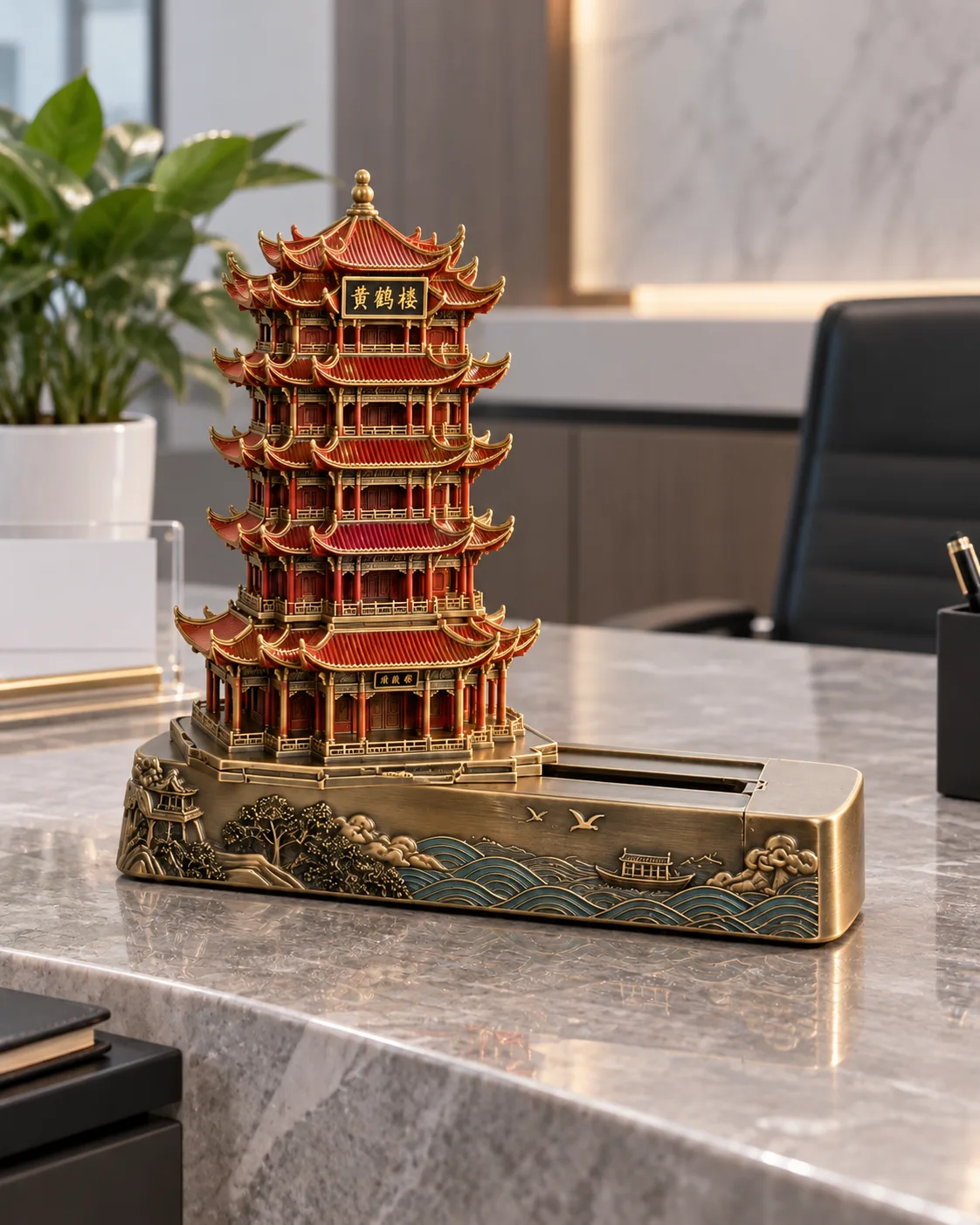 武汉黄鹤楼金属摆件定制案例|隐藏滑轨与名片槽使用场景