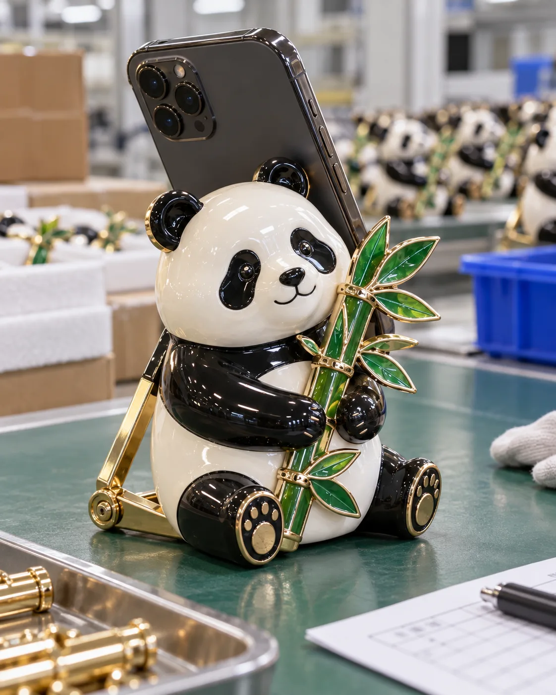 成都熊猫手机支架摆件定制案例|双角度折叠支架工艺细节