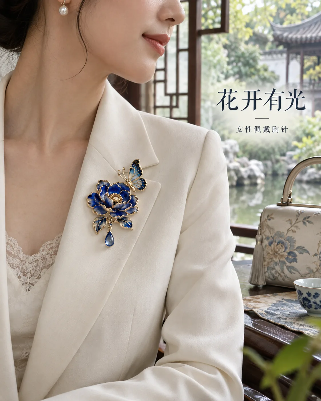 蓝牡丹蝴蝶胸针定制案例｜双点别针与水滴吊件