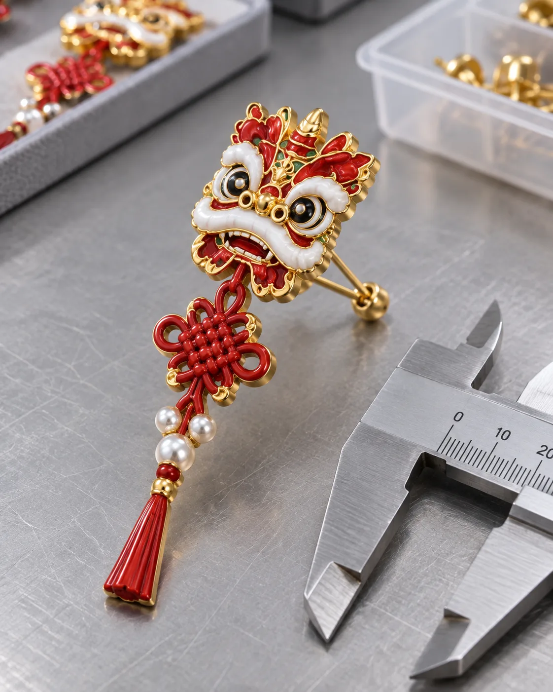 醒狮中国结胸针定制案例|可拆流苏与双保险针侧面厚度