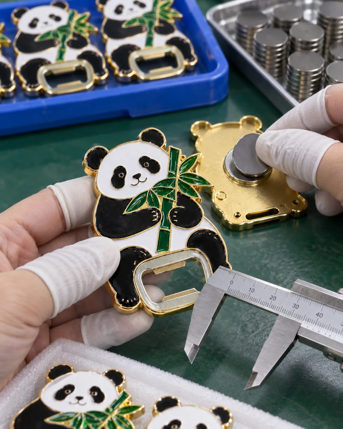 成都熊猫开瓶器冰箱贴定制案例|不锈钢开瓶嵌片与双磁吸结构装配