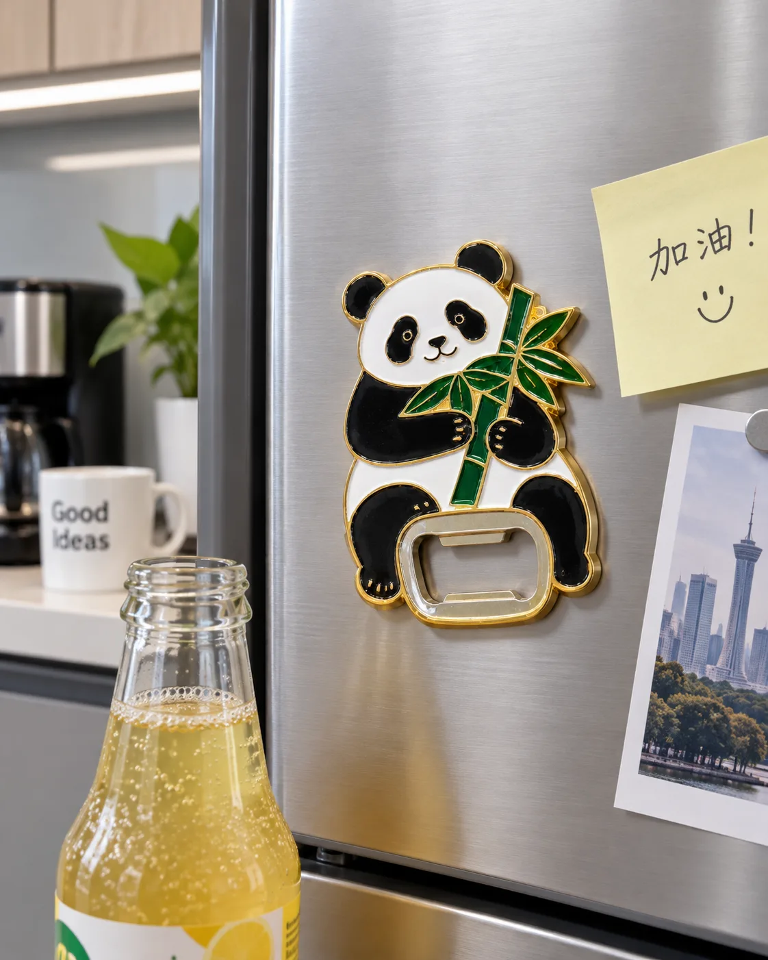 成都熊猫开瓶器冰箱贴定制案例|不锈钢开瓶嵌片与双磁吸使用场景