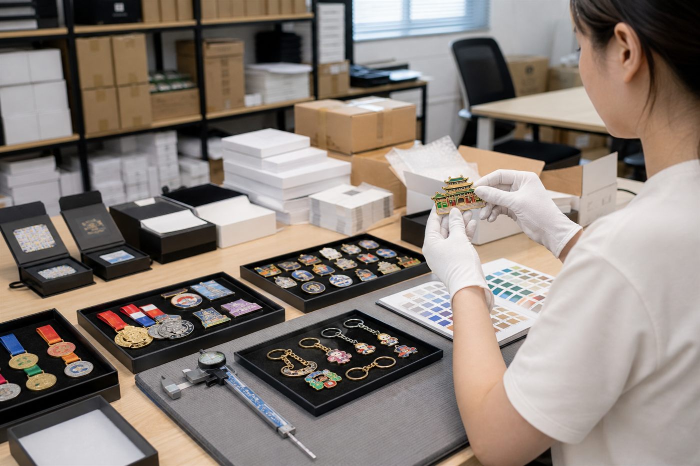 万洋礼品质检包装区 徽章奖牌冰箱贴出货检查
