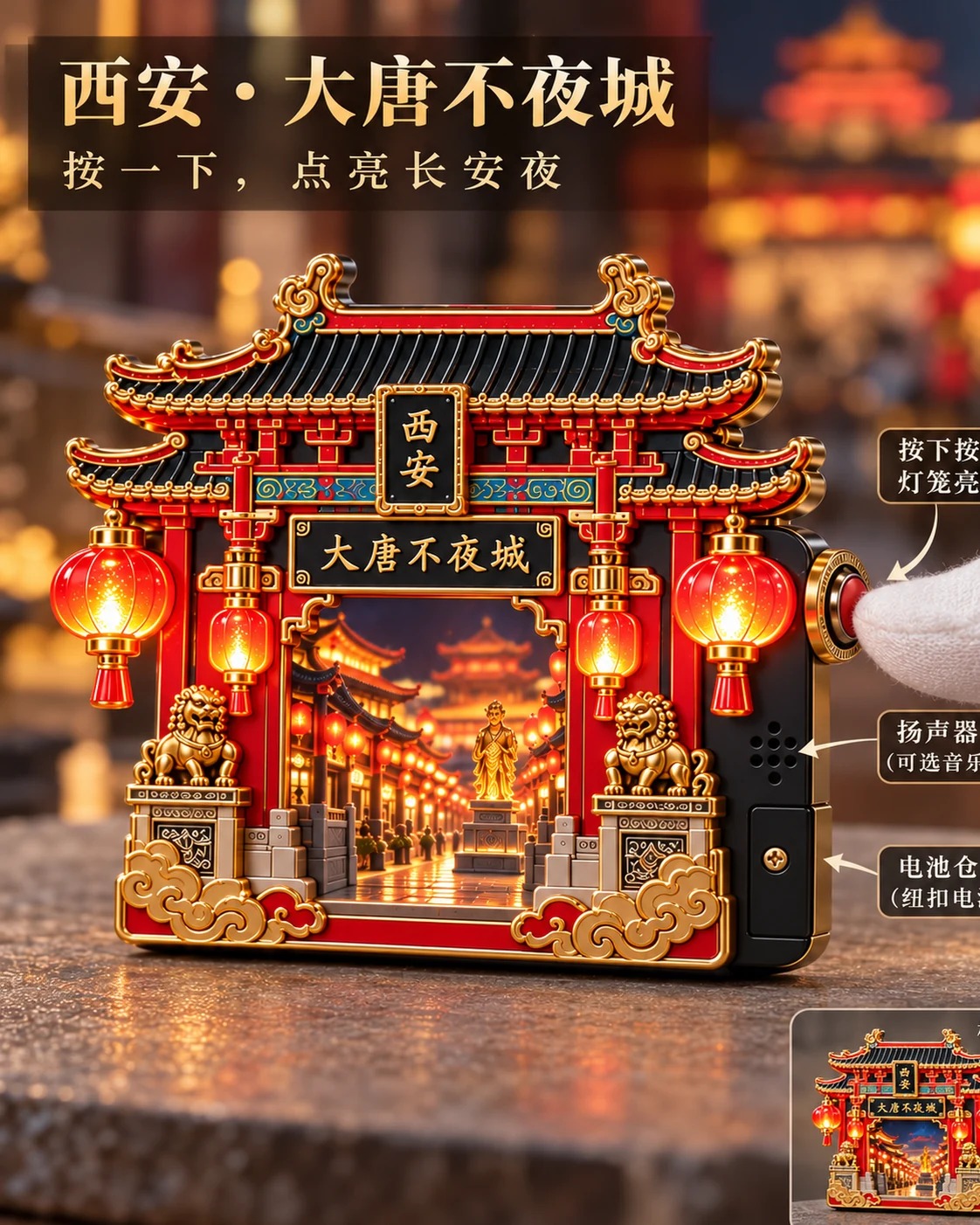 大唐不夜城发光冰箱贴:发光与按钮结构