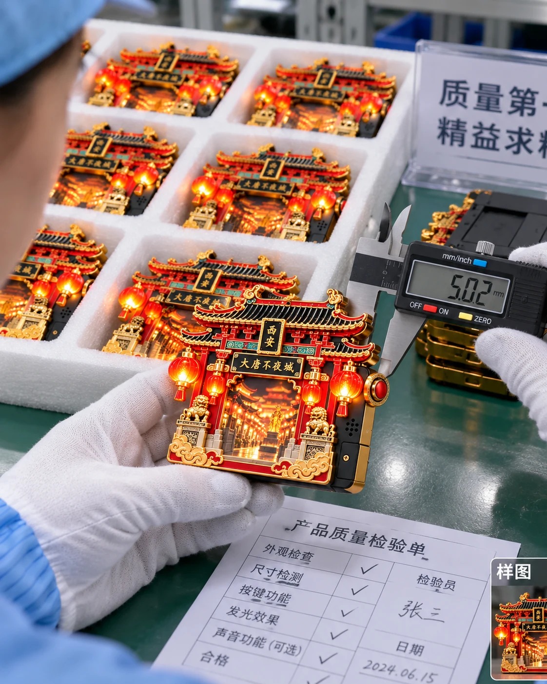 大唐不夜城发光冰箱贴:工厂质检