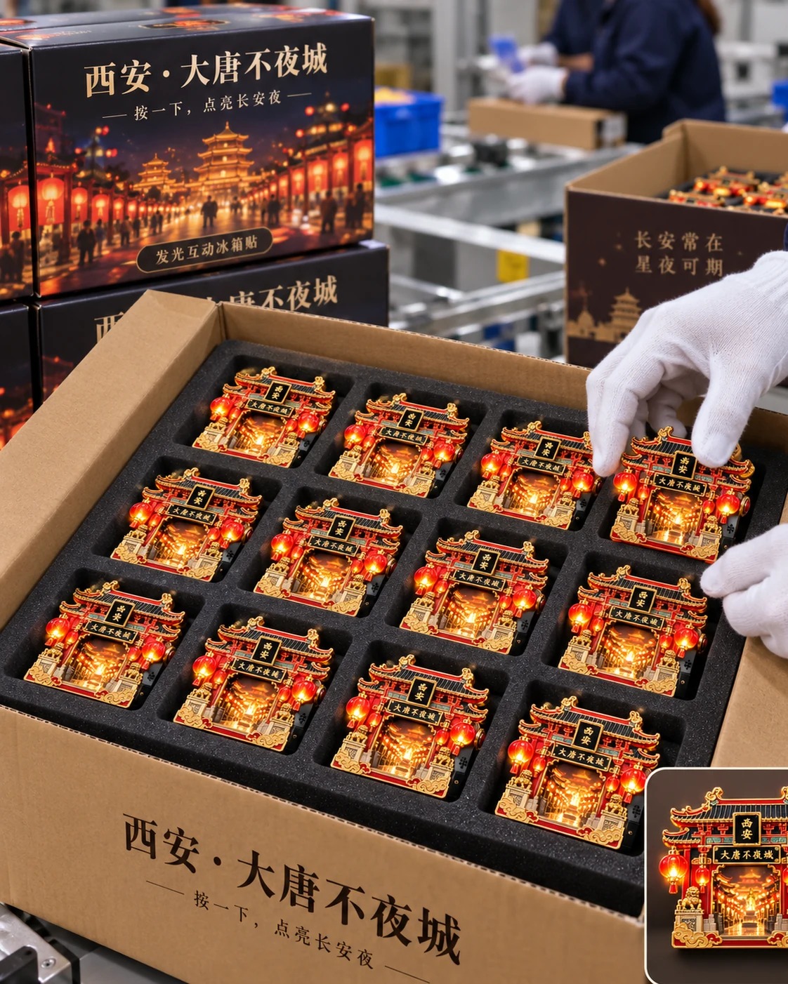 大唐不夜城发光冰箱贴:批量装箱