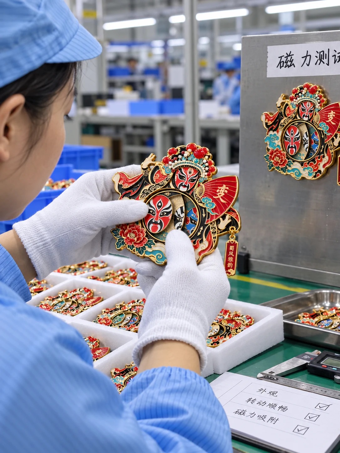 川剧变脸旋转冰箱贴:工厂质检