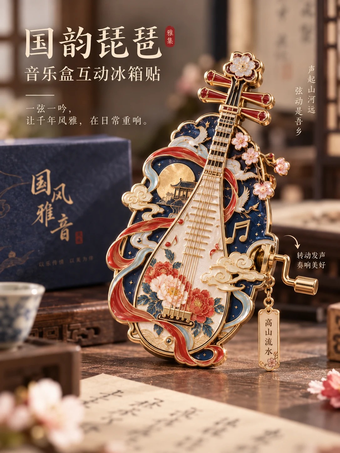 国韵琵琶音乐冰箱贴定制案例｜手摇机芯与琵琶造型