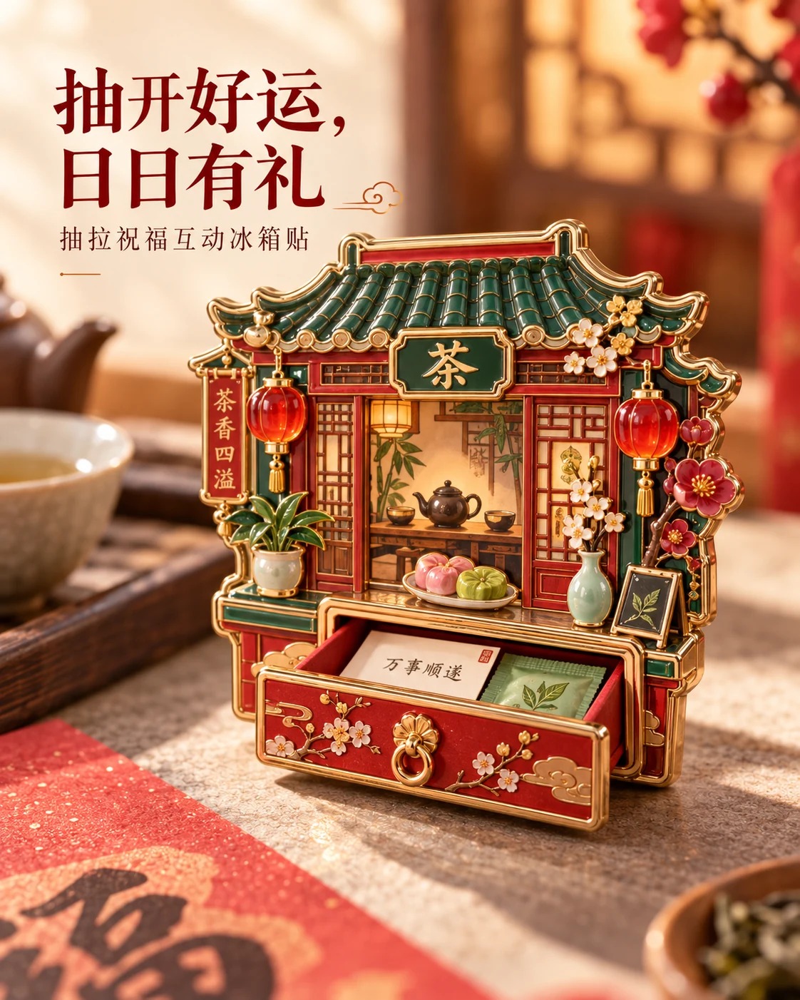 茶馆抽拉祝福冰箱贴定制案例｜抽拉纸条与茶馆场景