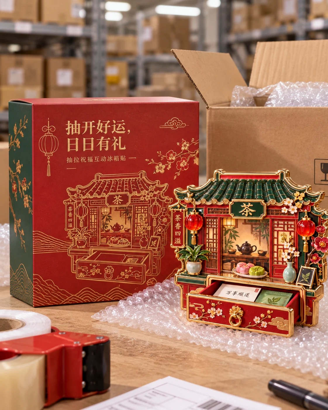 茶馆抽拉祝福冰箱贴:包装外观
