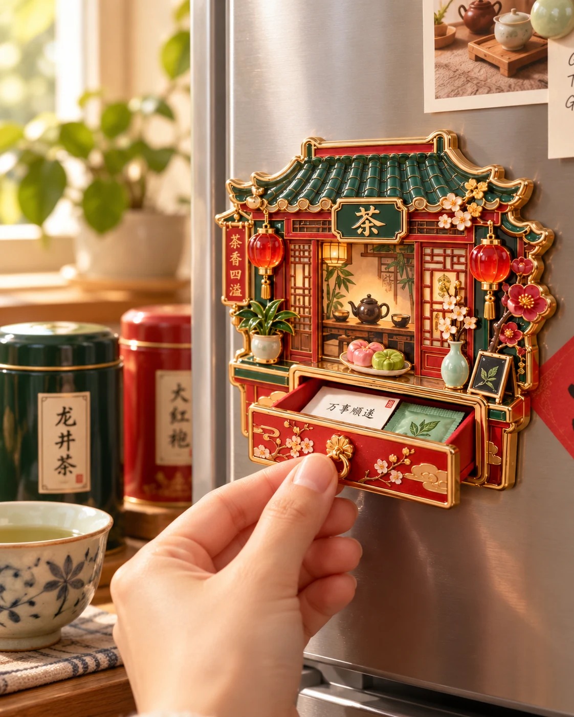 茶馆抽拉祝福冰箱贴:使用场景
