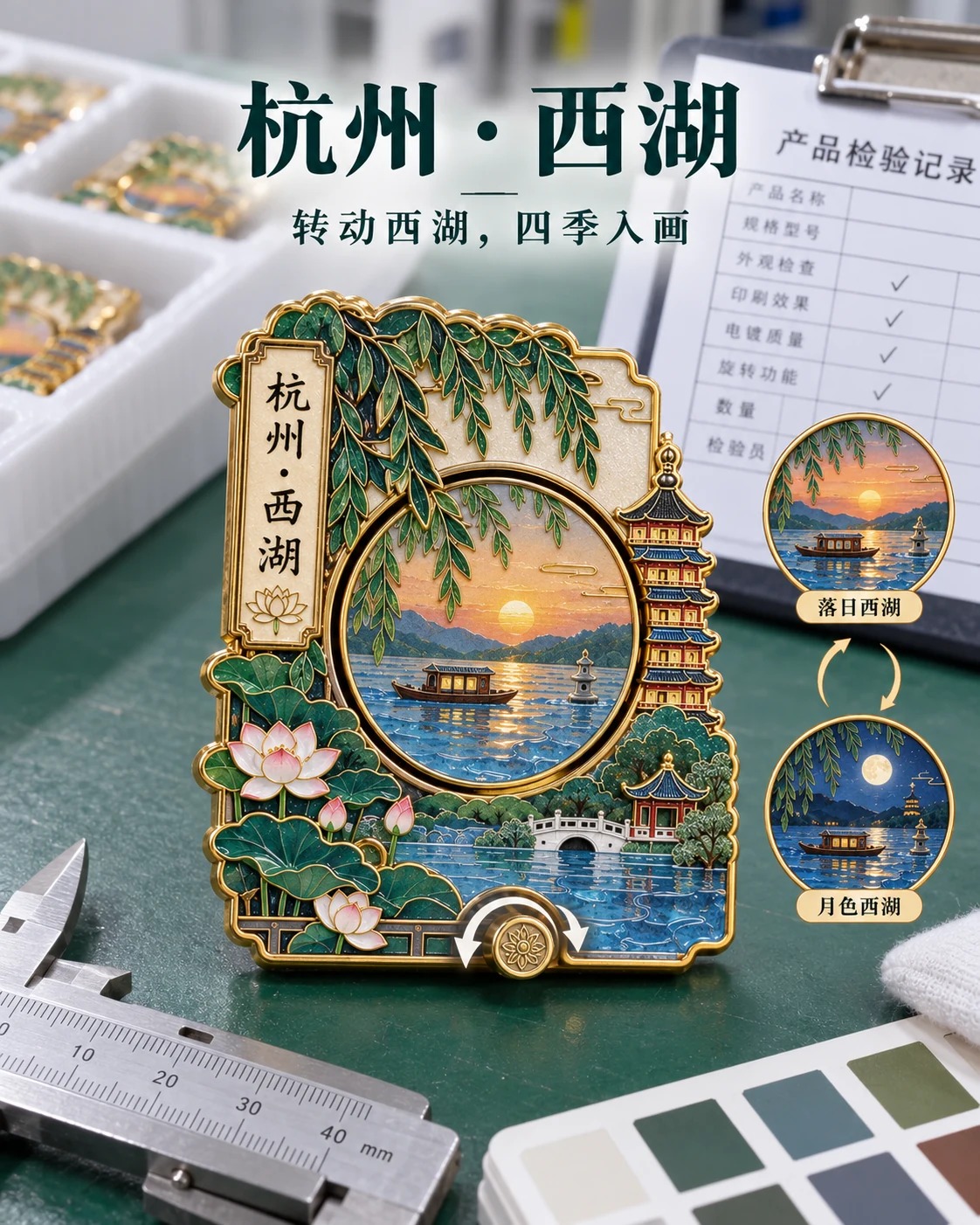 西湖四季旋转冰箱贴定制案例｜四季转盘与湖景主题