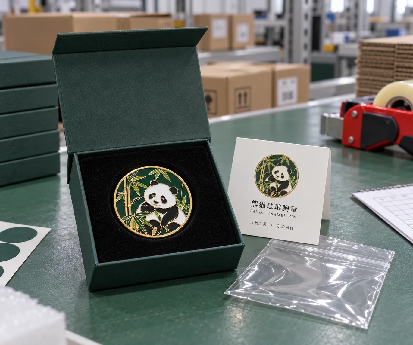 商务熊猫竹影胸章:包装打开