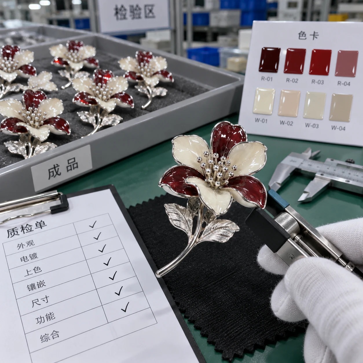 双萼花卉珐琅胸针:质检批量