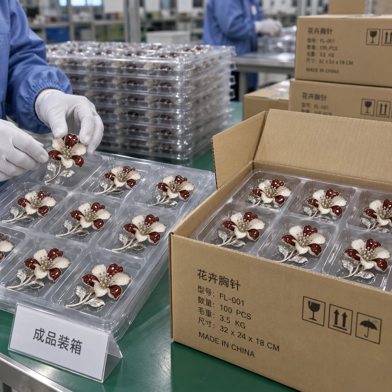 双萼花卉珐琅胸针:批量装箱