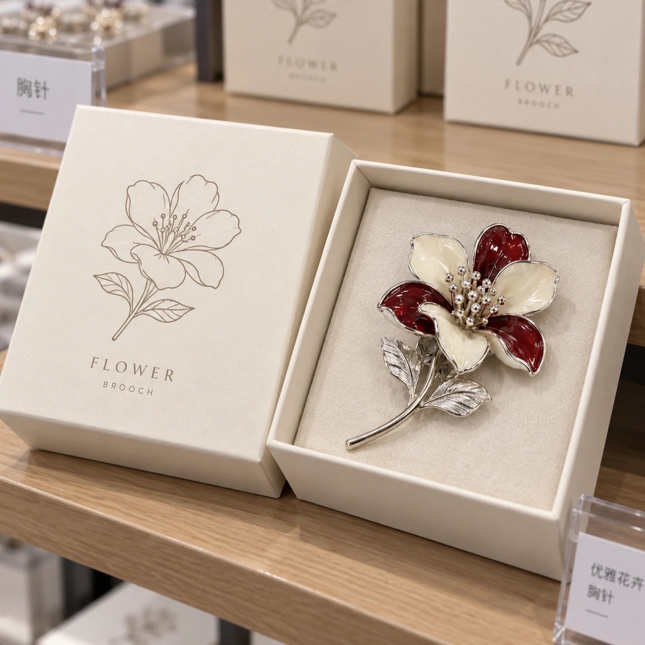 双萼花卉珐琅胸针:包装外观